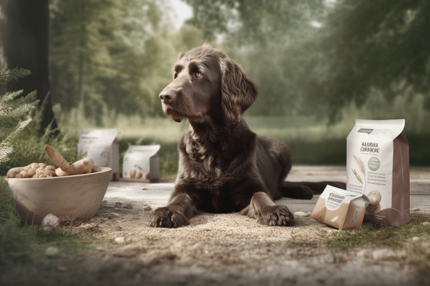 Dog with sustainable dog product packaging